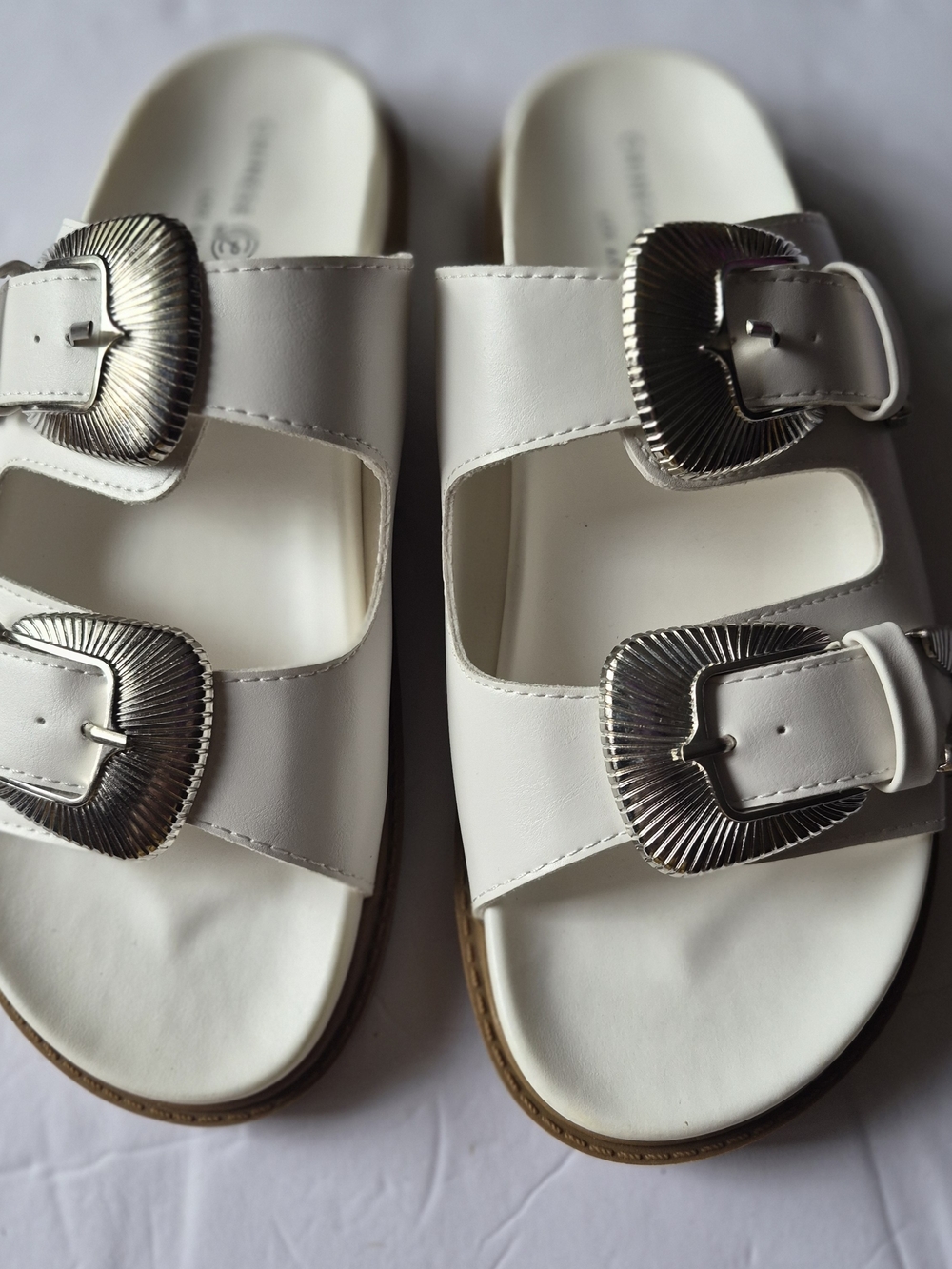 Chinese Laundry White Double-Buckle Slide Ramsie Sandals with Silver Buckles
